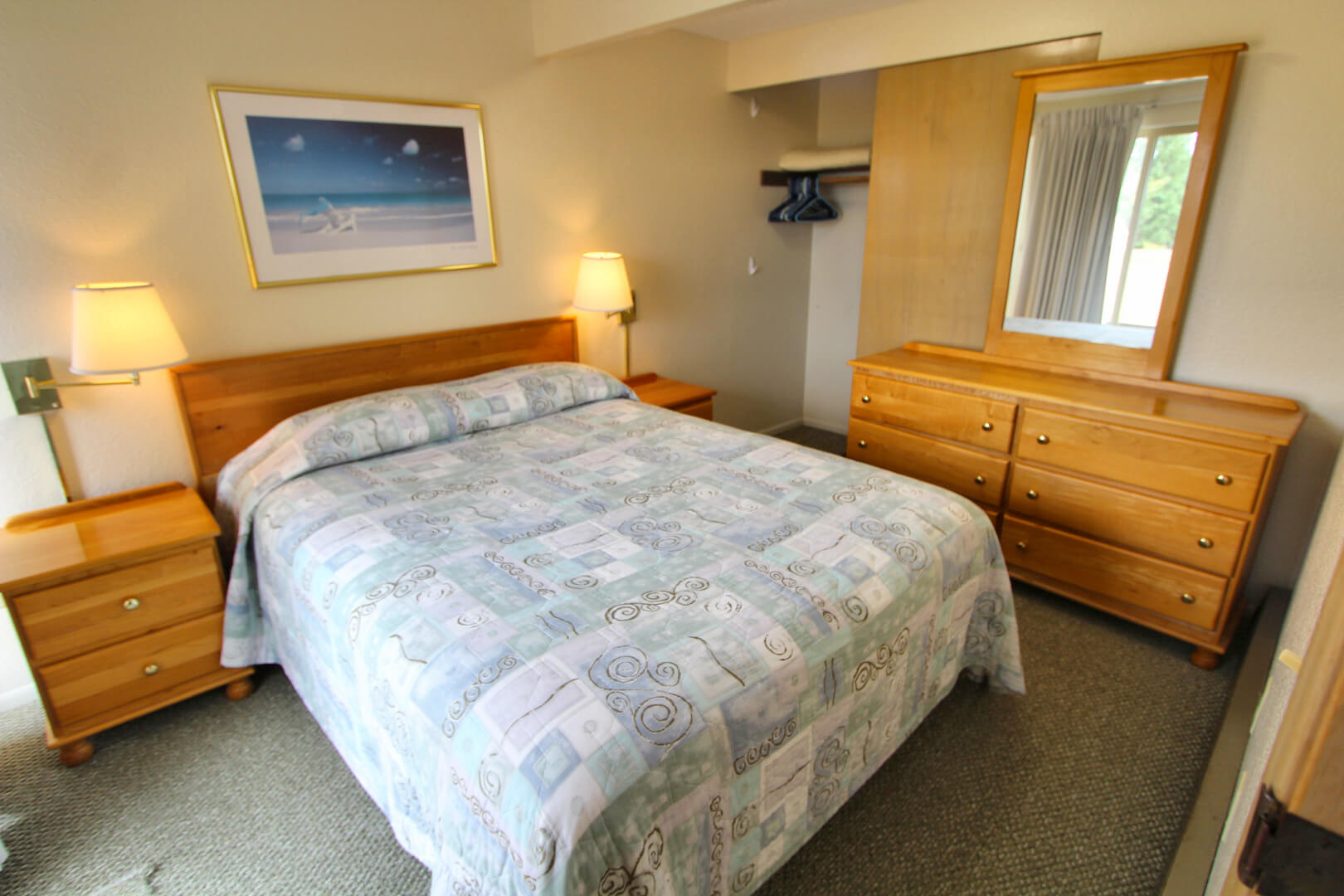 A cozy bedroom at VRI's Surfcrest Condominiums at Copalis Beach, Washington